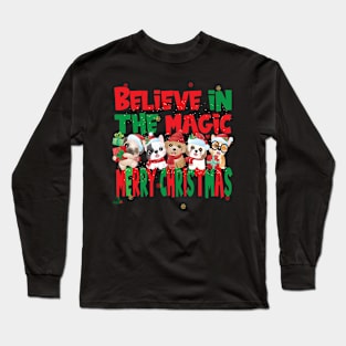 Cute Dogs Puppies - Believe in the Magic Merry Christmas - Dog Lovers Xmas Long Sleeve T-Shirt